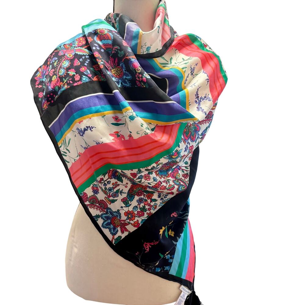 NWT Rebecca Minkoff 100% Silk Eccentric Boho Tasseled Mixed Print Scarf Wrap